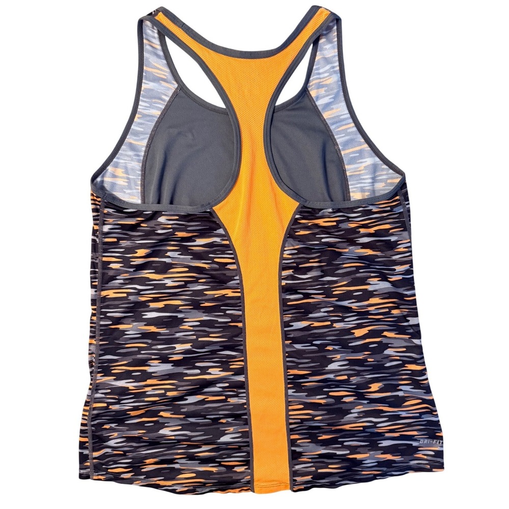 Nike Dri-FIT Women L Racerback Tank Top Gray Orange Camo Running Sporty Athlete‎ - Picture 2 of 5